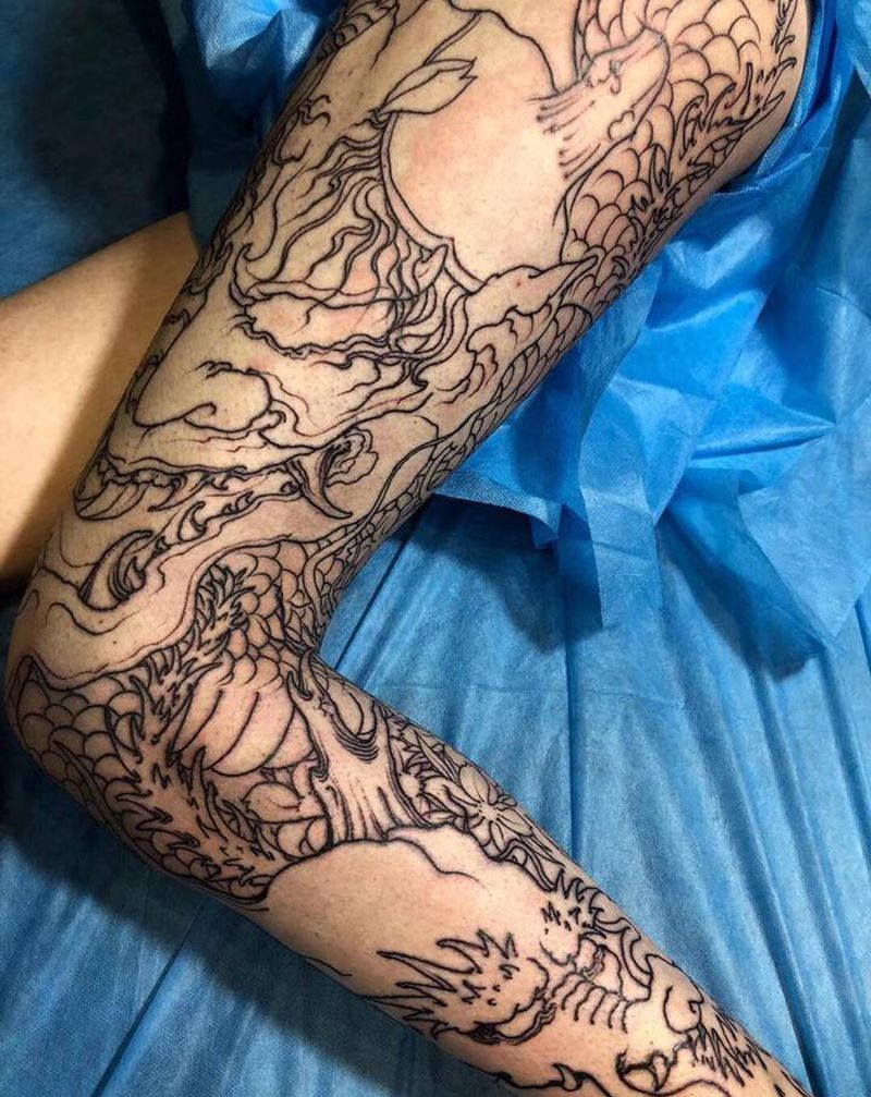 花腿纹身图片_腿部新传统纹身图案