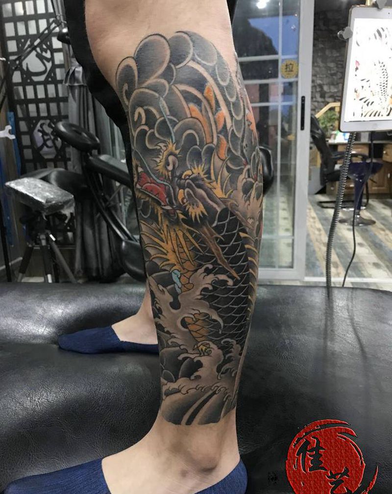 传统日式纹身图片_腿部Old School老传统纹身图案