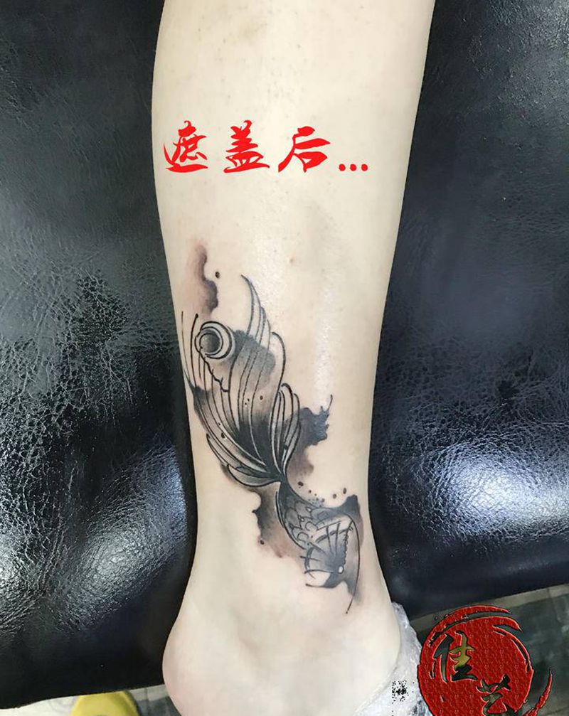 鱼尾...纹身图片_腿部水墨New School纹身图案