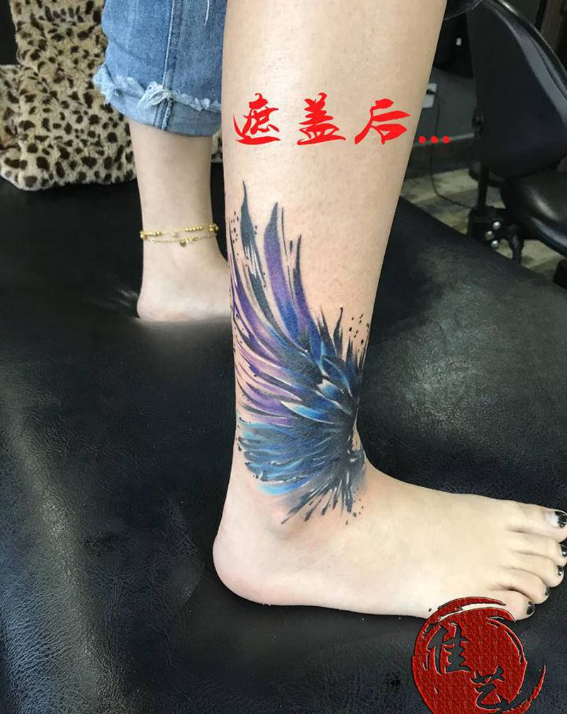 翅膀纹身图片_腿部New School水彩纹身图案