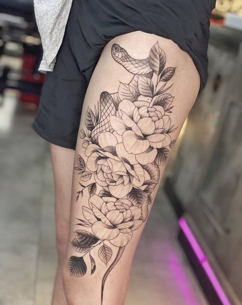 素花纹身图片_腿部图腾点刺纹身图案