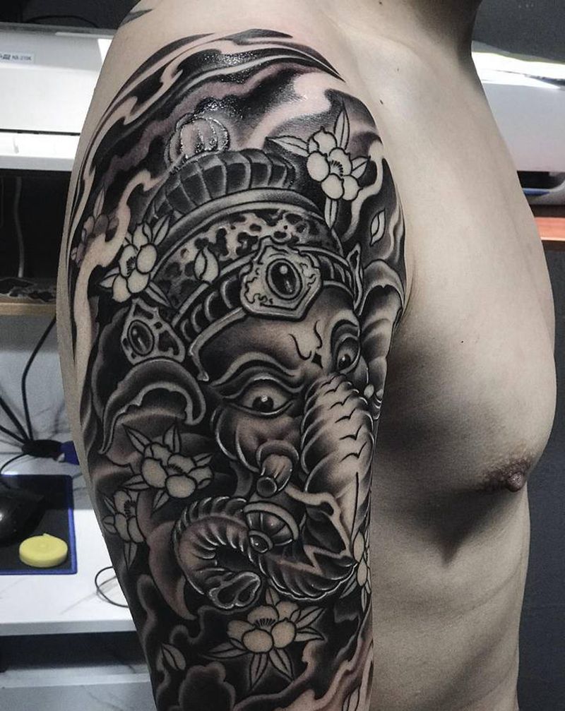 象神纹身图片_手臂新传统纹身图案