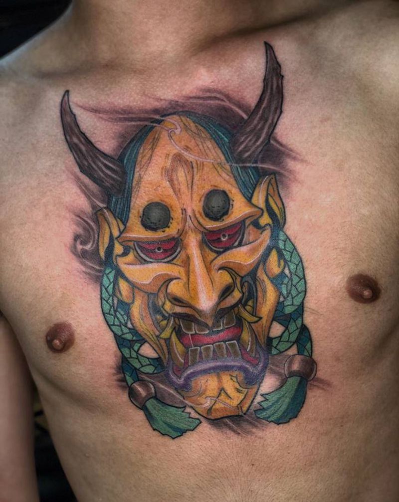 般若纹身图片_胸部Old School纹身图案