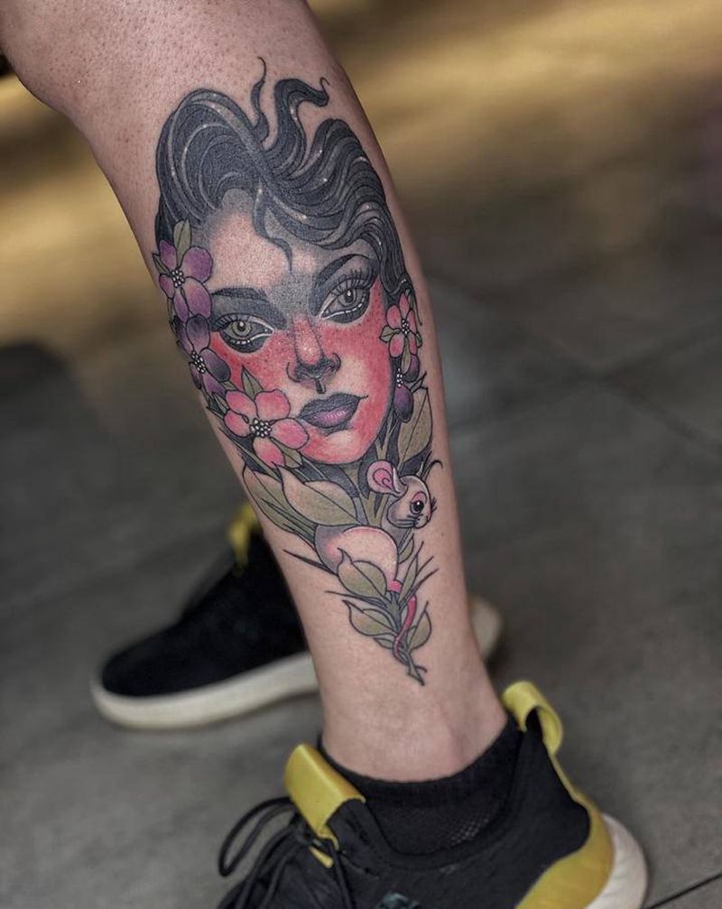 女郎纹身图片_腿部Old School纹身图案