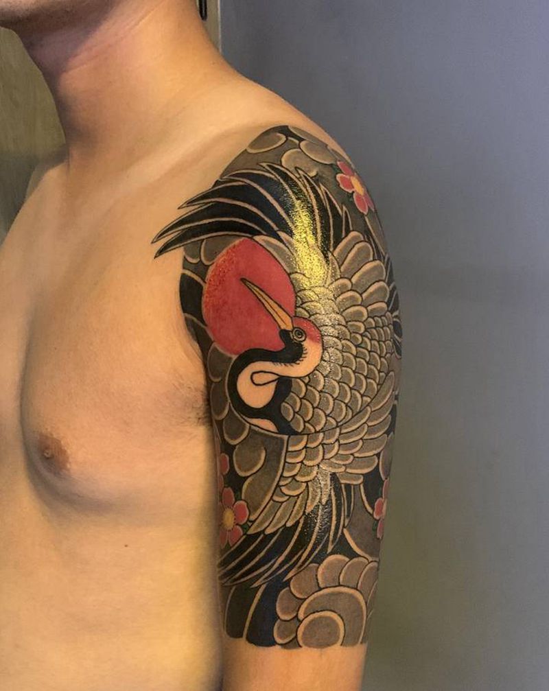 老传统仙鹤纹身图片_手臂老传统纹身图案