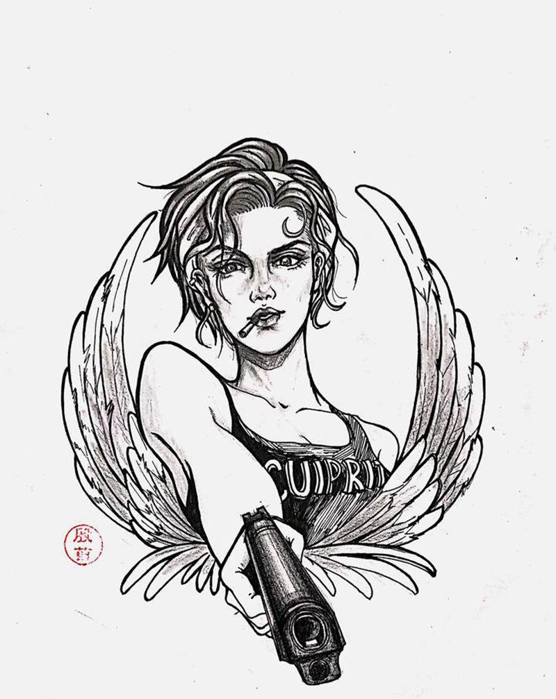 原创女枪手纹身图片_欧美单针黑灰原创纹身图案