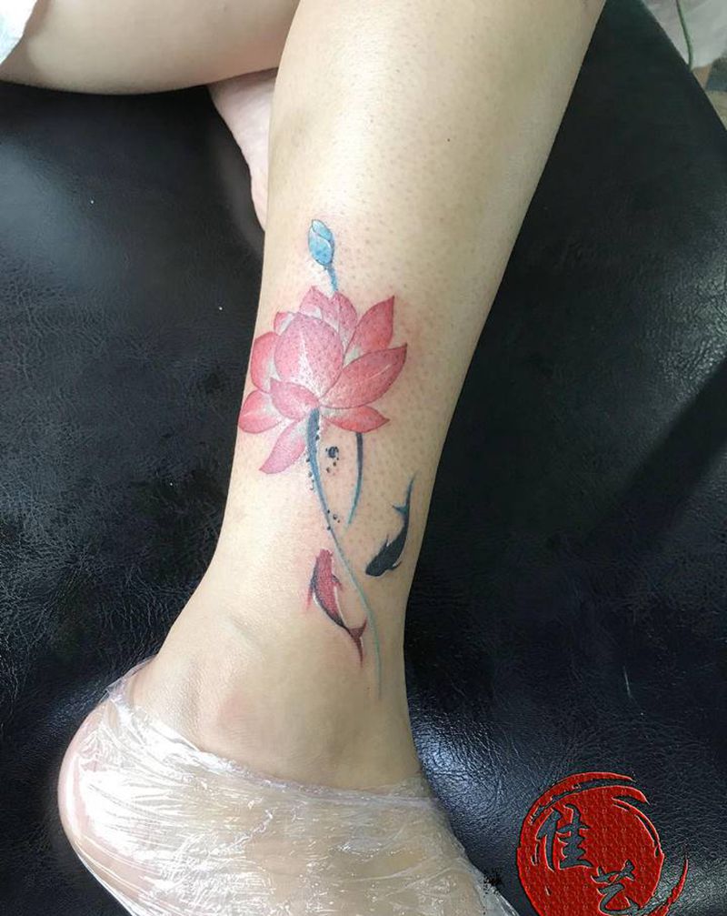 荷塘月色纹身图片_腿部New School水彩纹身图案