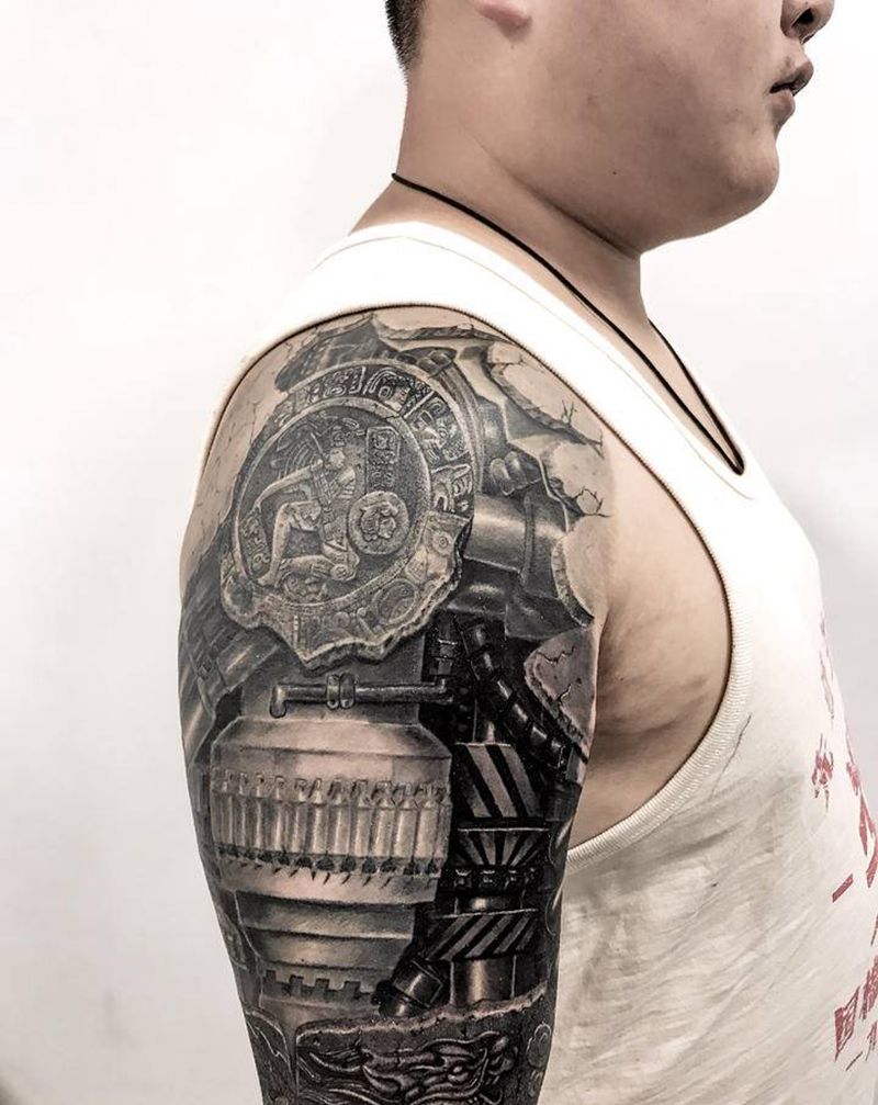 机械与石雕的碰撞纹身图片_肩部新传统机械石雕纹身图案