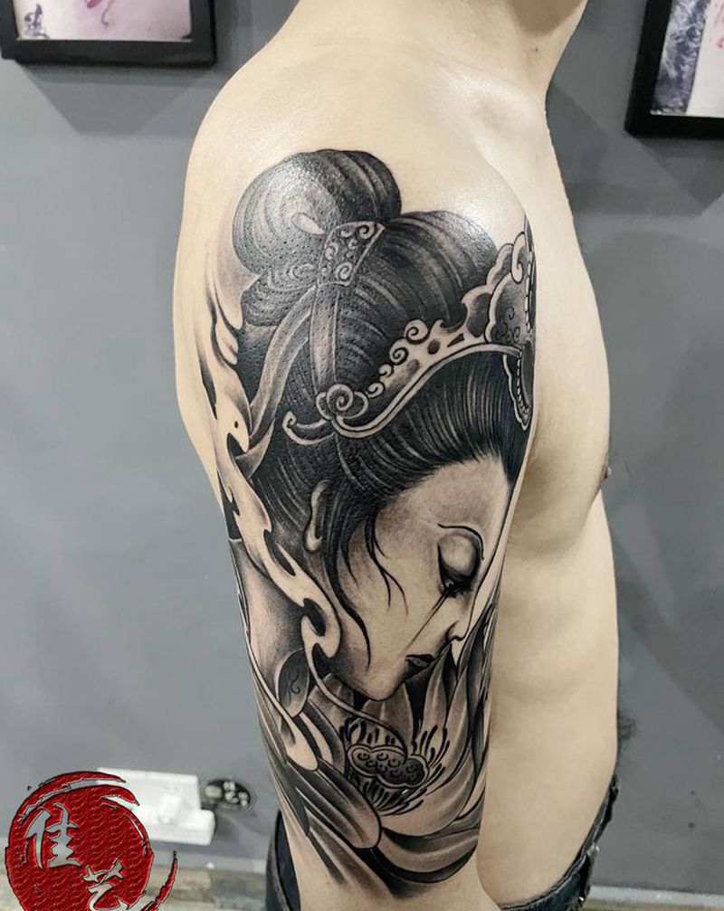 艺妓纹身图片_手臂新传统水墨纹身图案