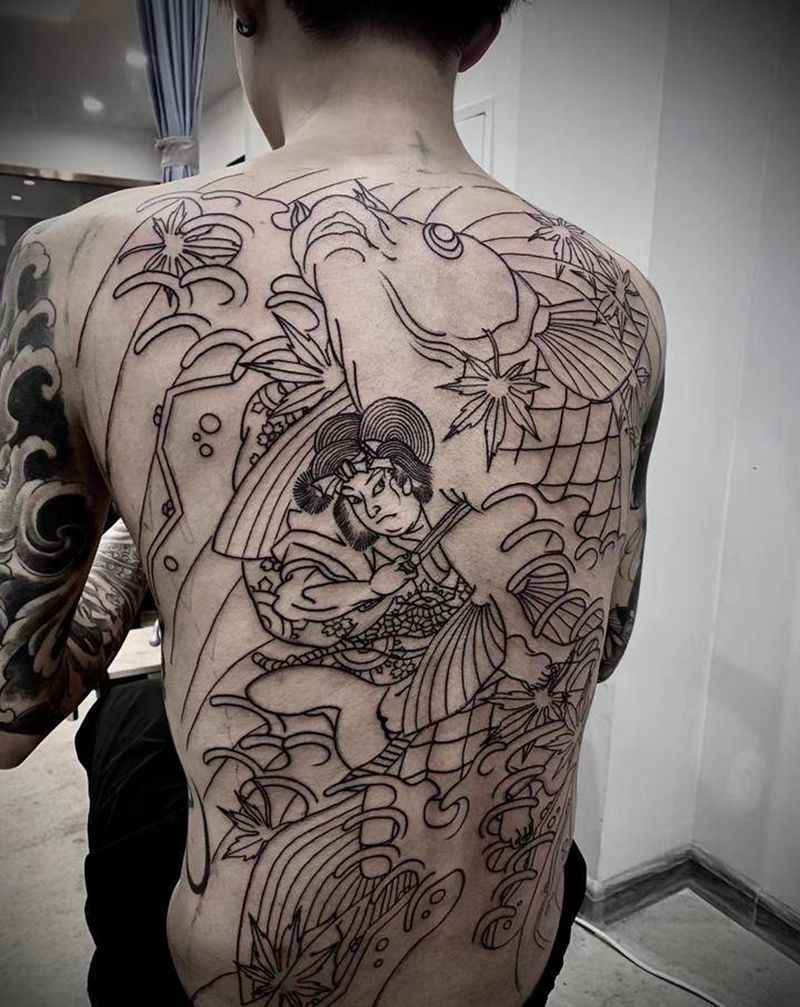 鬼若丸杀鲤第一次纹身图片_背部老传统鬼若丸日式老传统纹身图案