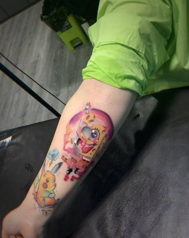 海绵宝宝纹身图片_手臂New School海绵宝宝纹身图案