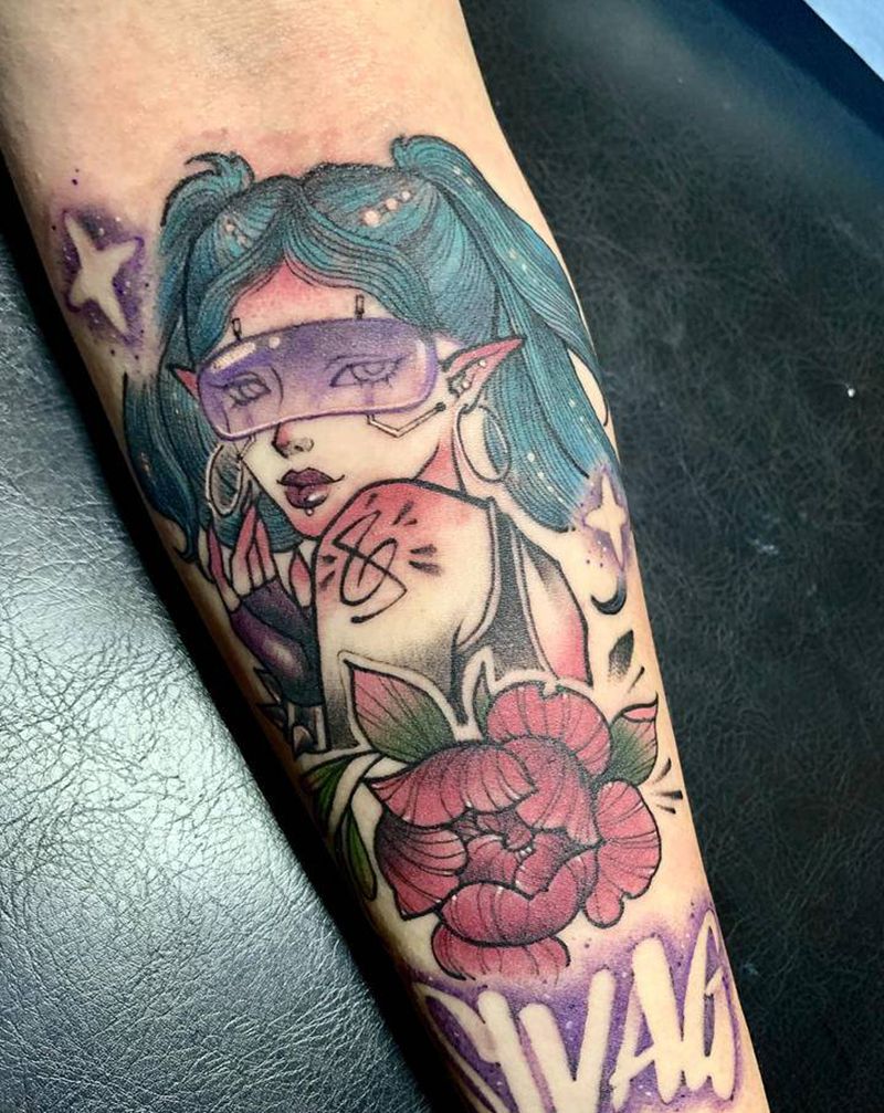 赛博朋克 女孩纹身图片_手臂New School纹身图案