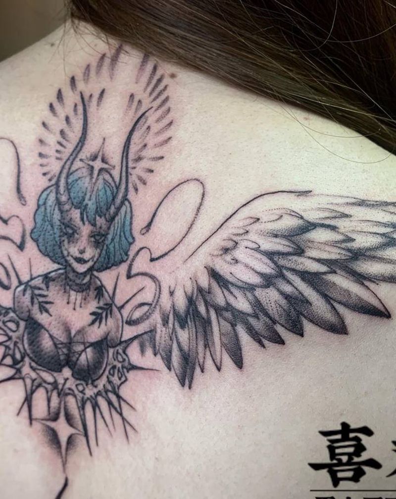 恶魔天使女孩纹身图片_背部New School翅膀恶魔纹身图案