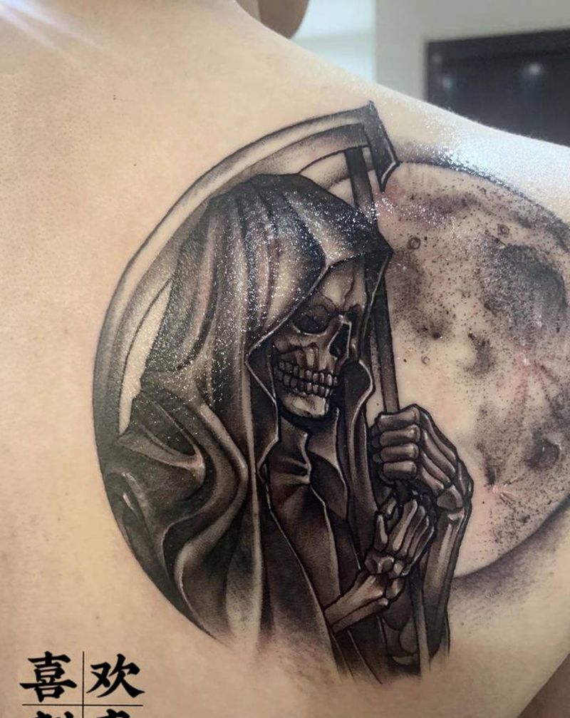 死神满月纹身图片_背部欧美写实死神月亮纹身图案