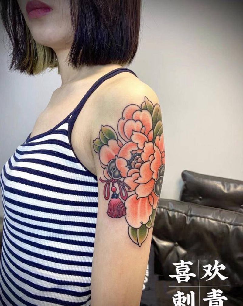 牡丹纹身纹身图片_手臂新传统牡丹纹身图案