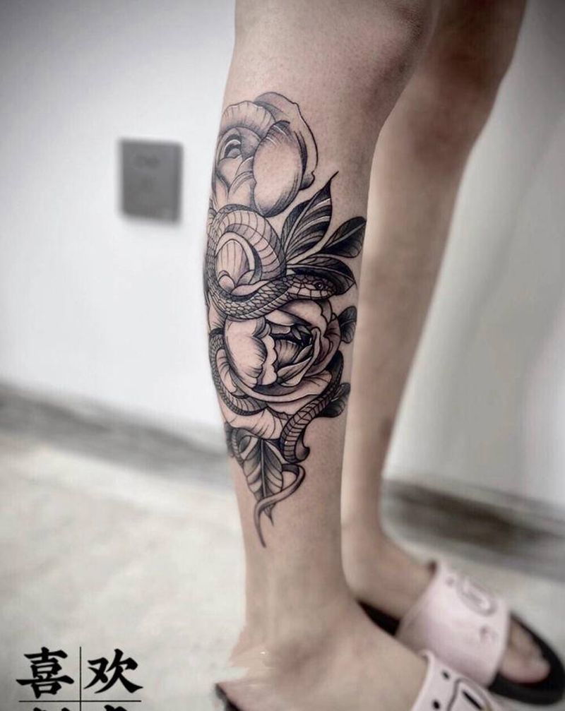 素花蛇纹身图片_腿部New School素花蛇纹身图案