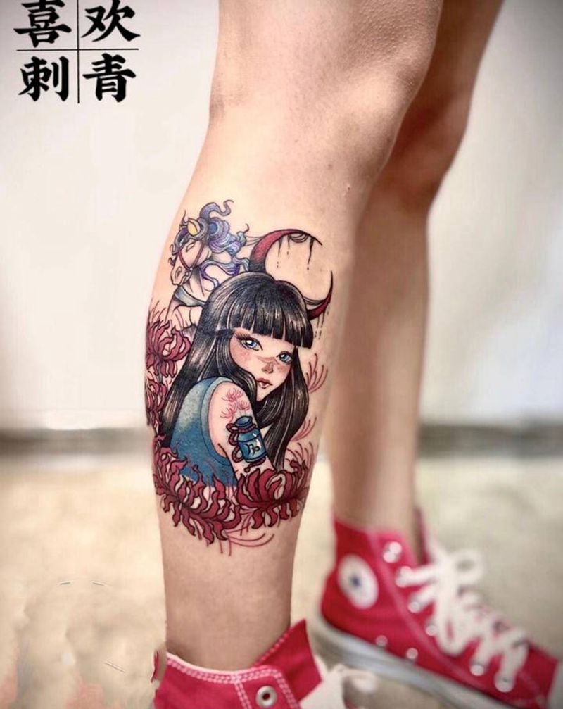 客带图彼岸花少女纹身图片_腿部New School彼岸花纹身图案