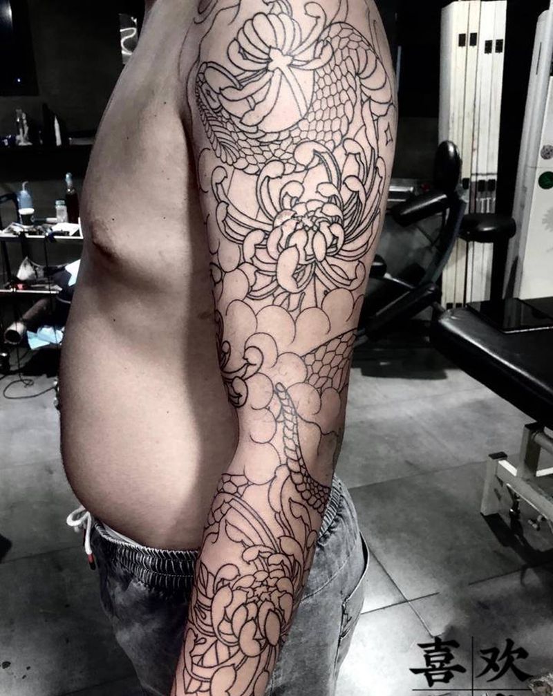 菊花蛇花臂第一次纹身图片_老传统菊花蛇纹身图案