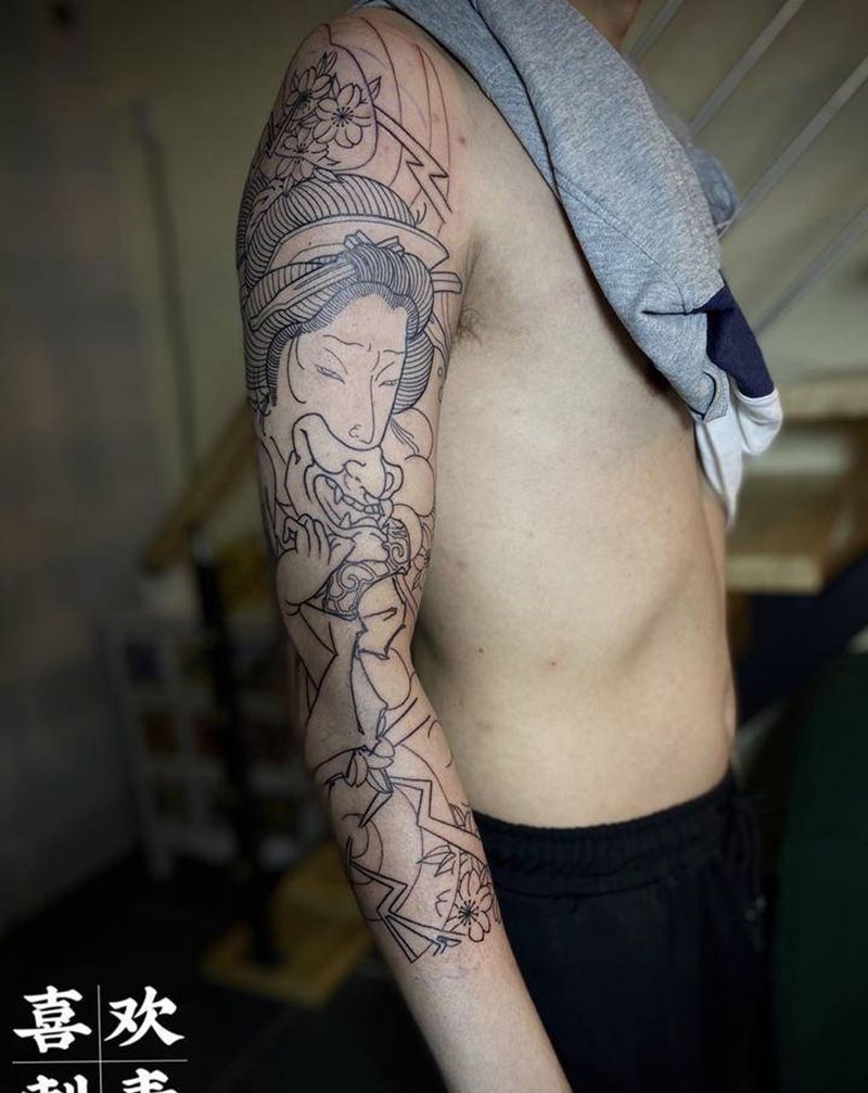 日式七分袖纹身图片_手臂老传统艺妓纹身图案