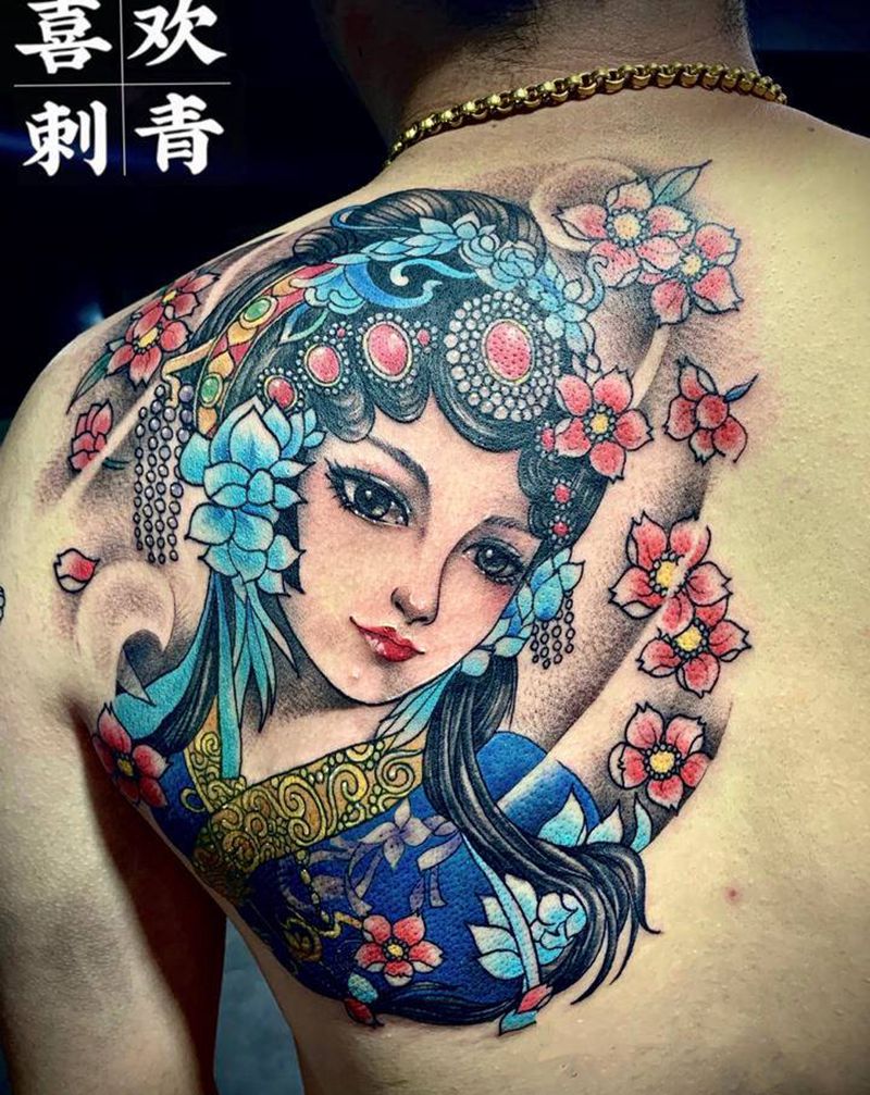 客人自带图花旦纹身图片_背部新传统花旦纹身图案