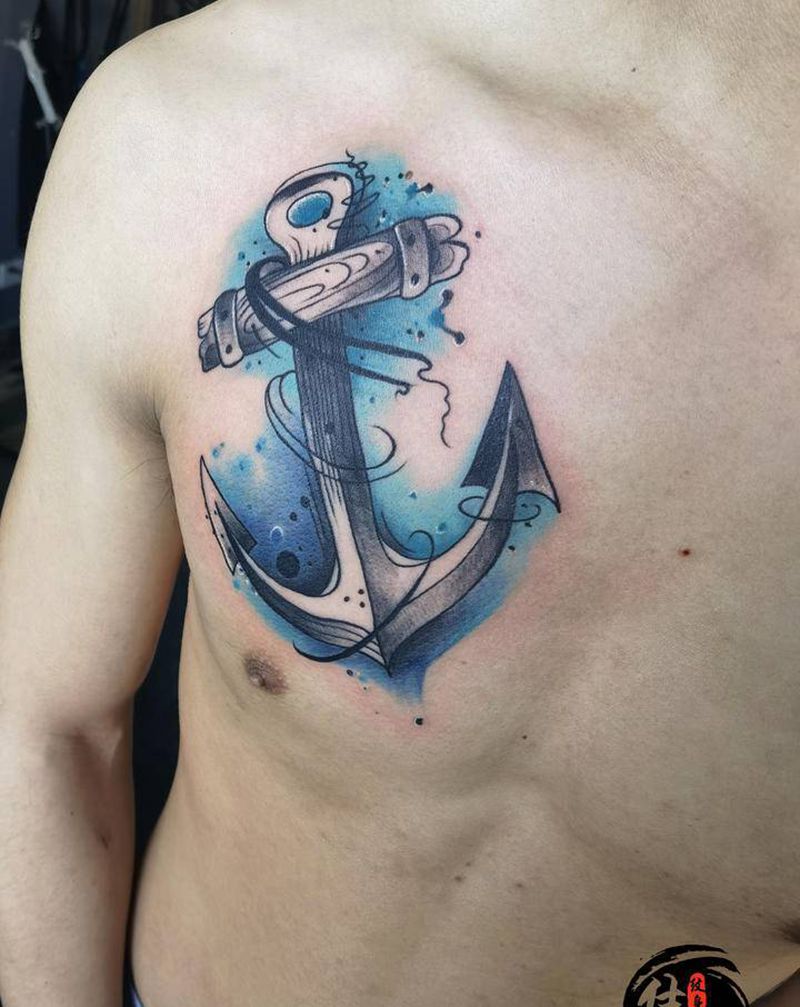 船锚⚓️纹身图片_胸部水彩New School纹身图案