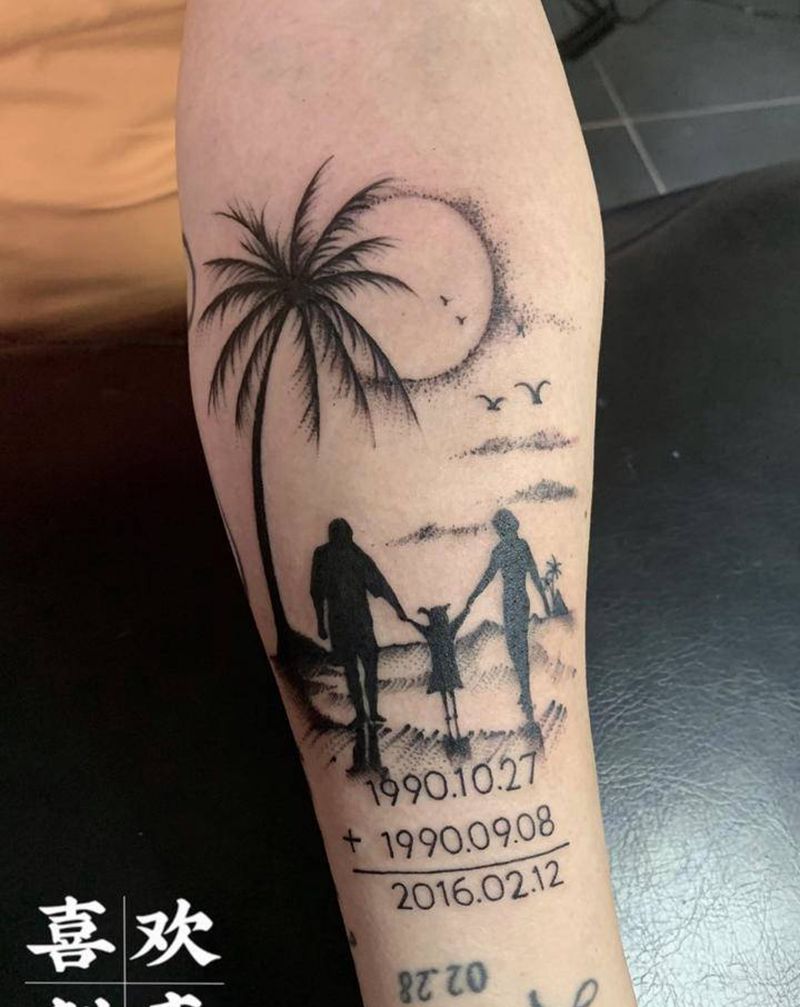 一家三口剪影纹身图片_手臂图腾一家三口生日纹身图案
