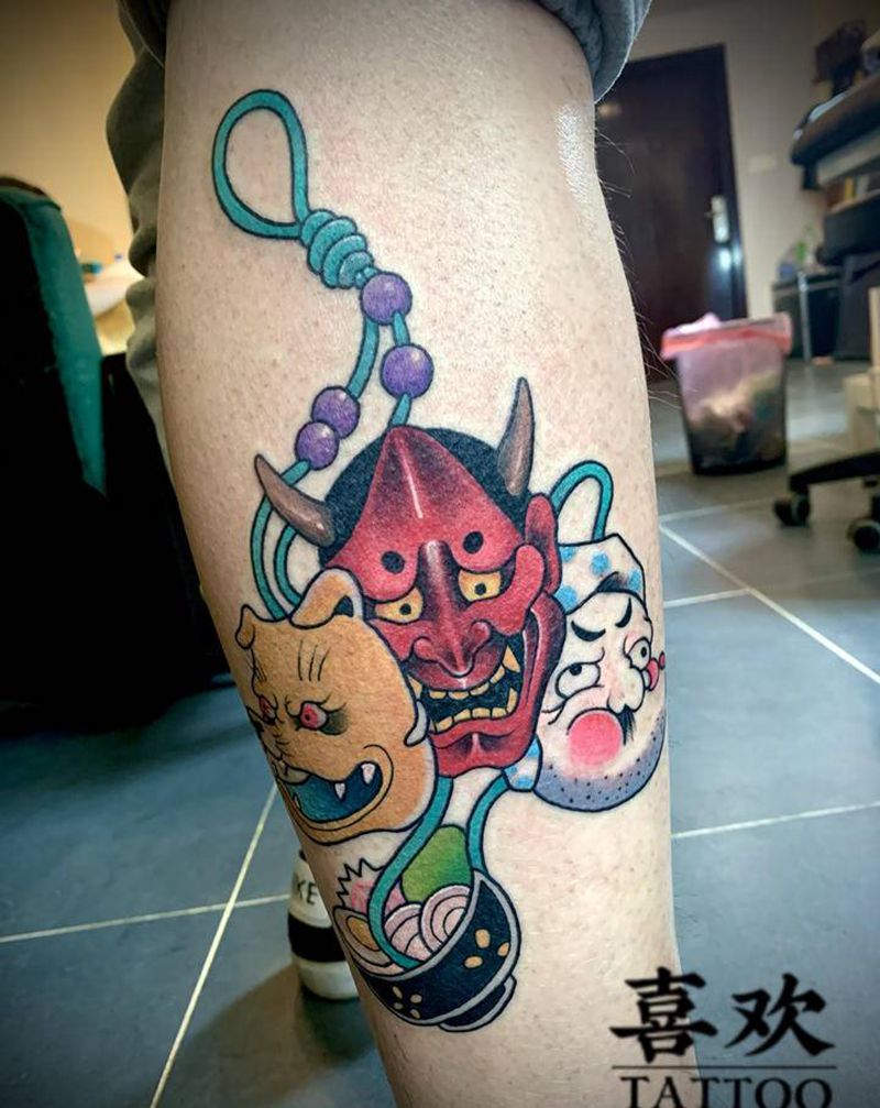 日式小图纹身图片_腿部老传统能面般若纹身图案