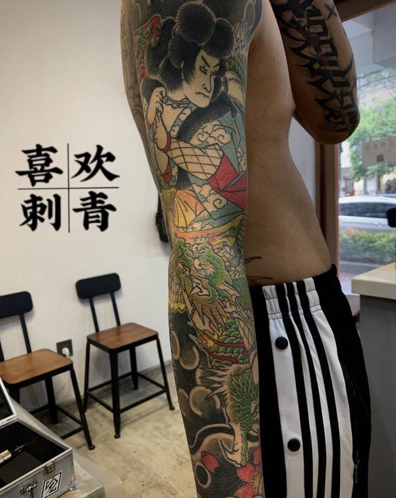 云龙九郎彩色部分更新纹身图片_手臂老传统云龙九郎纹身图案