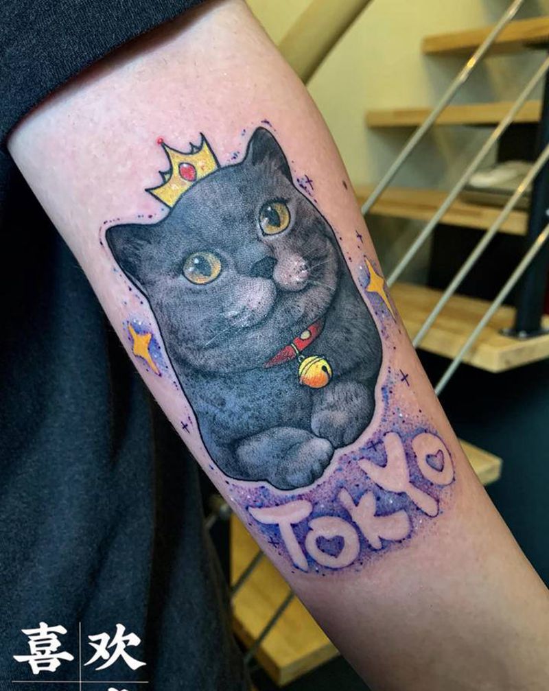 设计客人家猫咪纹身图片_手臂欧美写实New School猫咪纹身图案