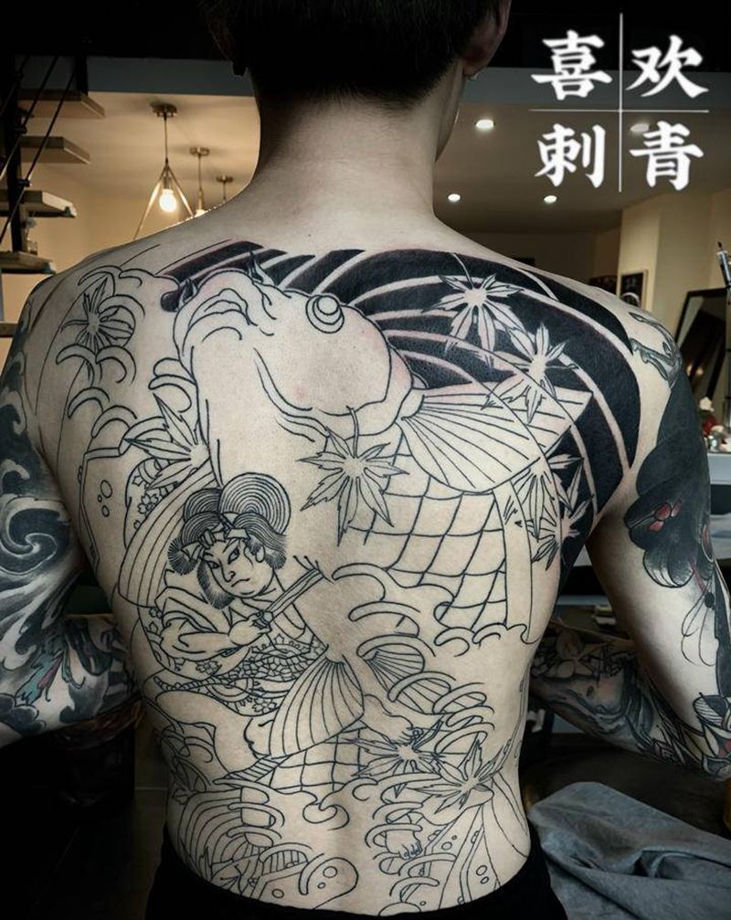 鬼若丸纹身图片_背部老传统鱼纹身图案
