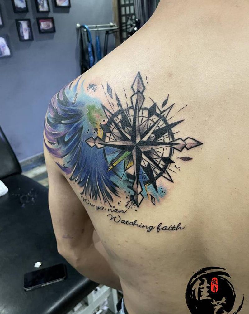 泼墨翅膀纹身图片_肩部水彩New School纹身图案