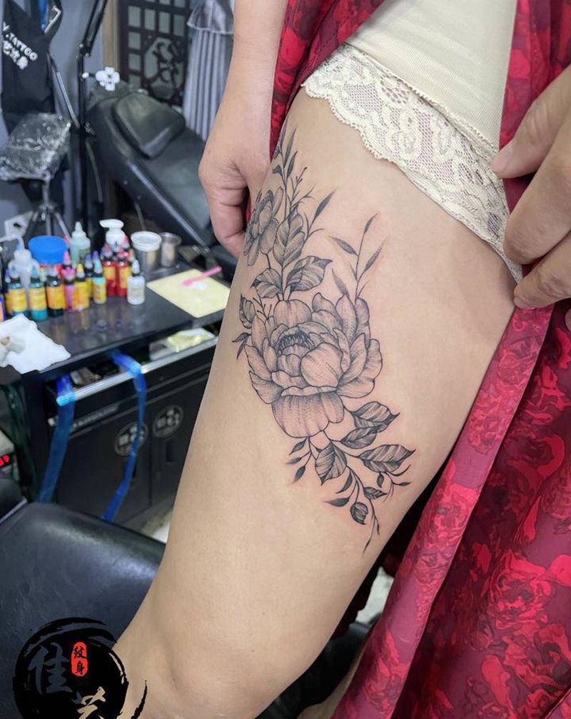 素花纹身图片_腿部点刺纹身图案