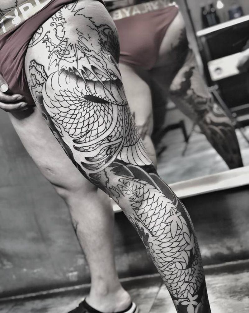 龙纹身图片_腿部新传统纹身图案