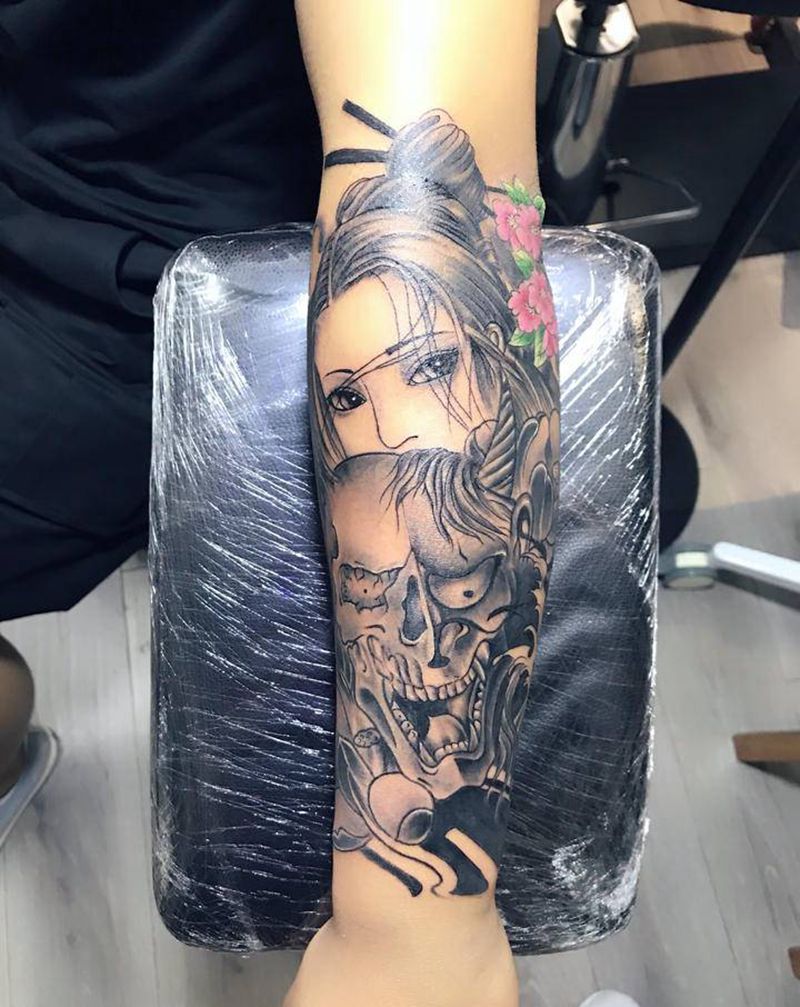 小臂艺妓纹身图片_手臂新传统纹身图案