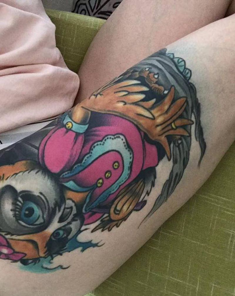 猫头鹰纹身图片_腿部Old School纹身图案