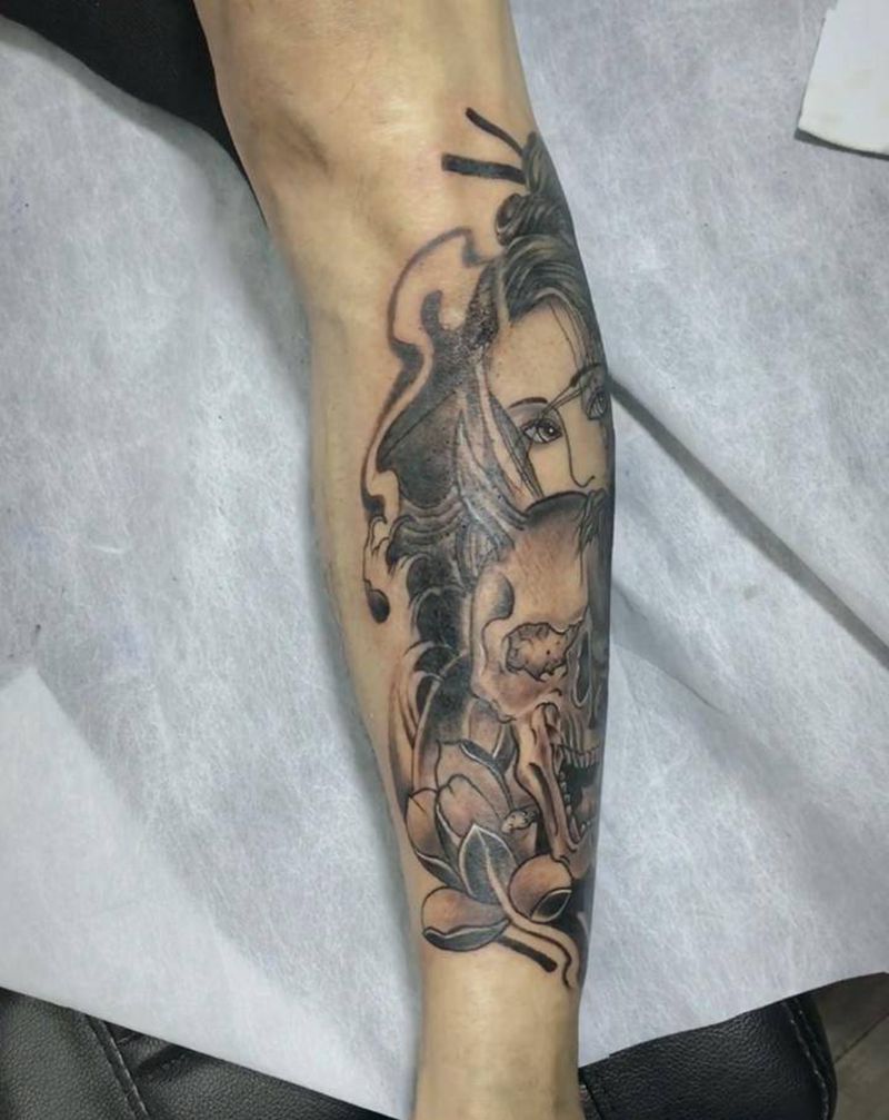 遮盖纹身图片_腿部新传统纹身图案