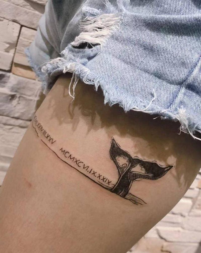 生日   鲸鱼尾纹身图片_腿部花体字鲸鱼 生日纹身图案