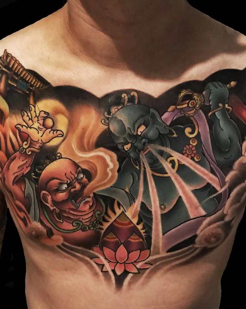 哼哈二将纹身图片_胸部纹身图案