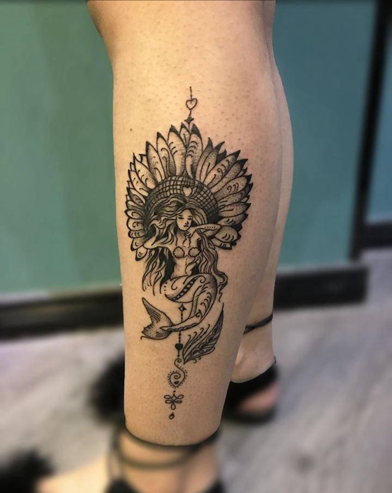 美人鱼纹身图片_腿部纹身图案