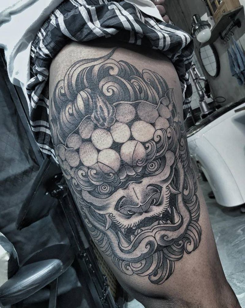 唐狮纹身图片_腿部新传统纹身图案