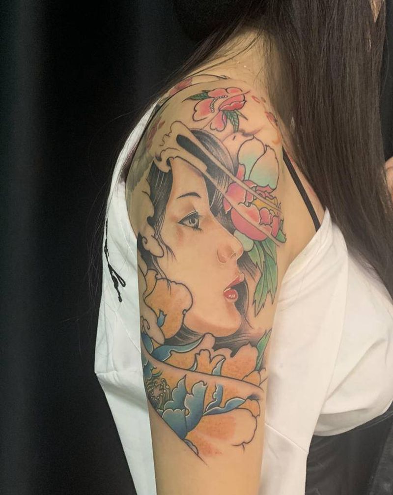 艺妓纹身图片_手臂新传统纹身图案