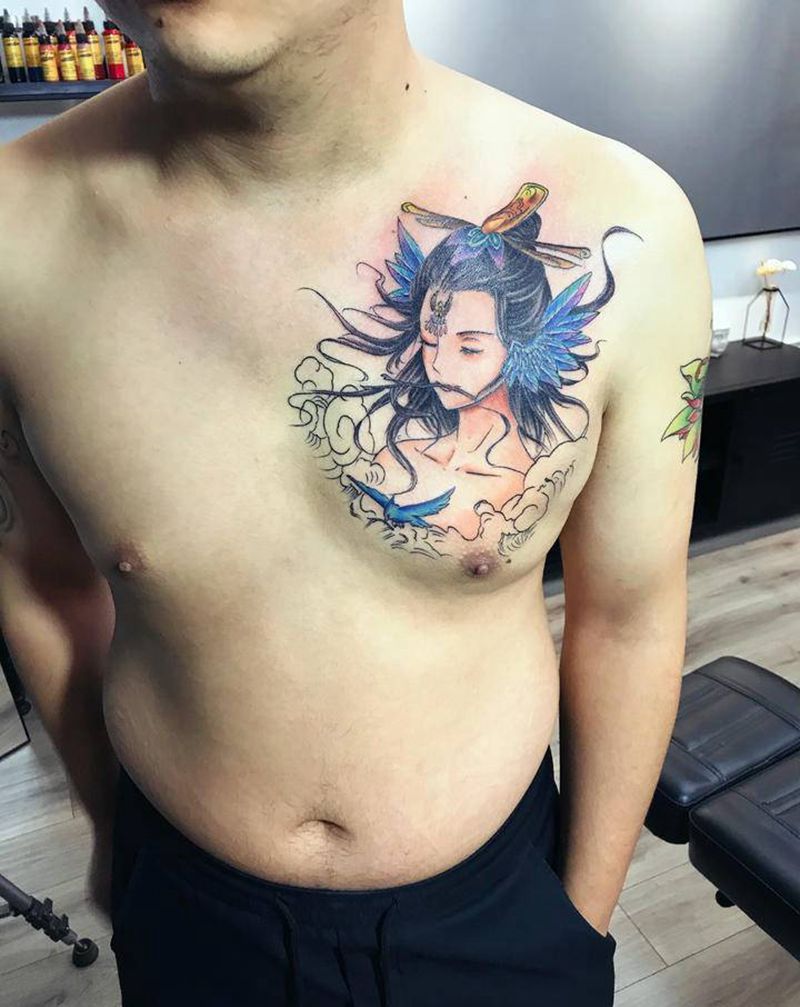 精卫鸟纹身图片_胸部新传统纹身图案