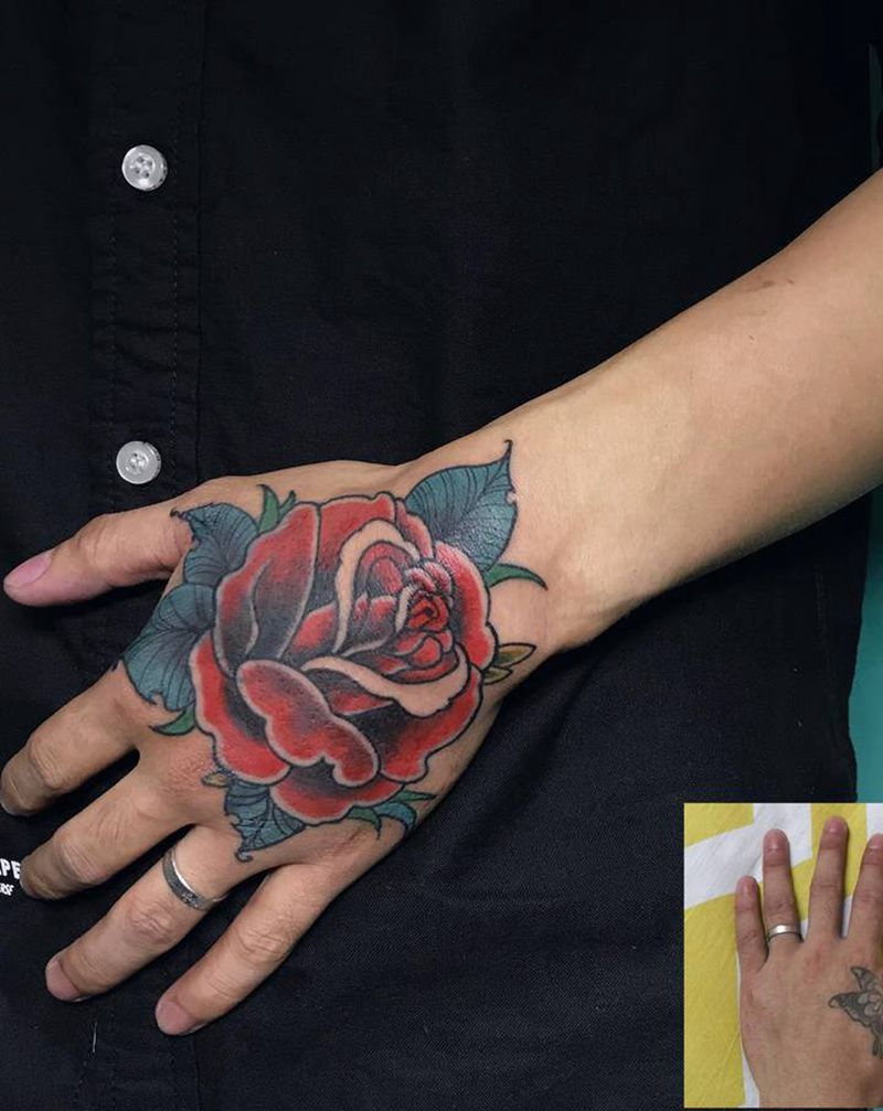 手面玫瑰遮盖纹身图片_手部纹身图案