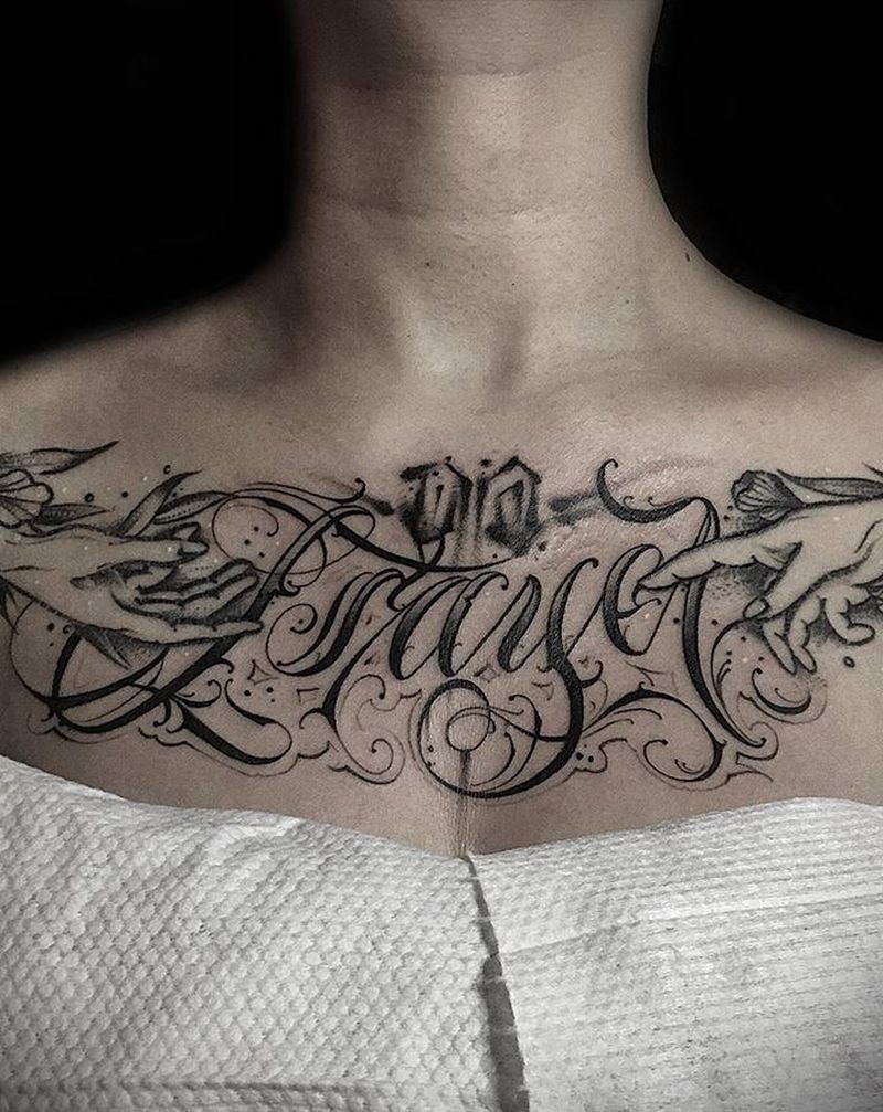 花体英文纹身图片_胸部花体字纹身图案