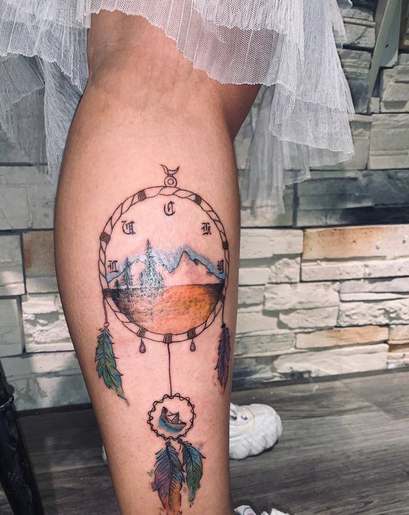 捕梦网纹身图片_腿部水彩捕梦网纹身图案