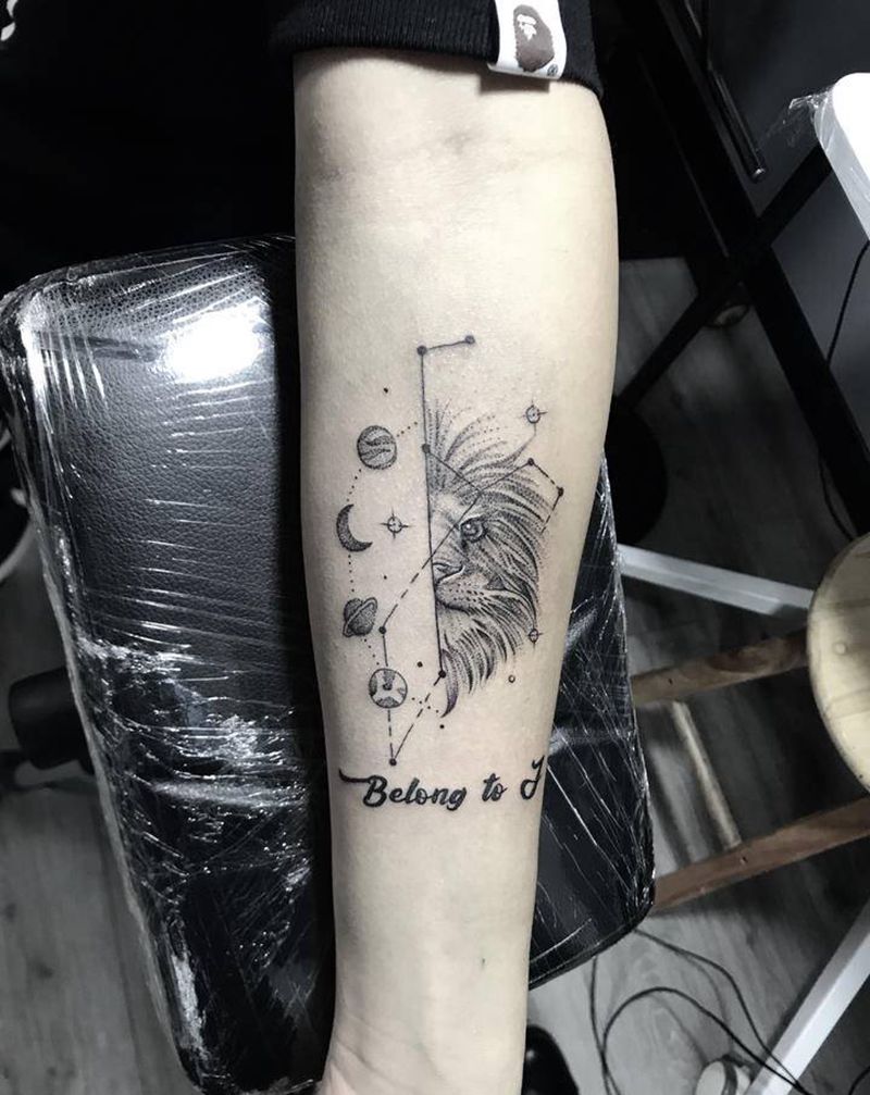 狮子座纹身图片_手臂点刺纹身图案