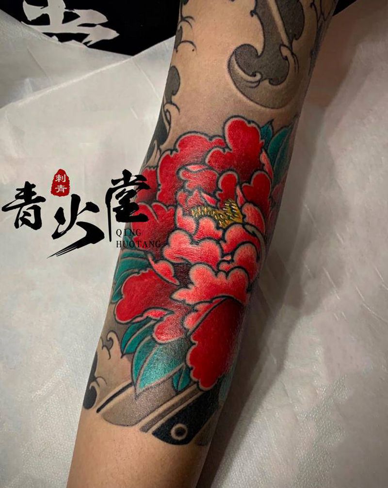 七分臂牡丹#纹身图片_手臂老传统纹身图案