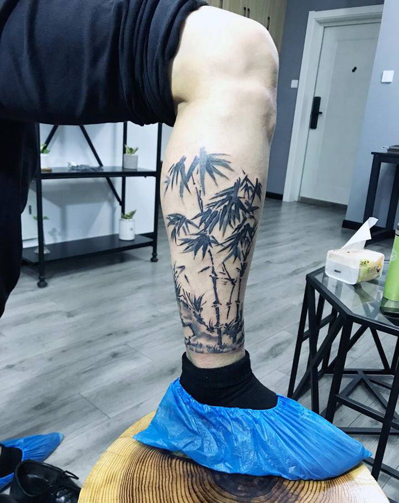 竹纹身图片_腿部水墨纹身图案