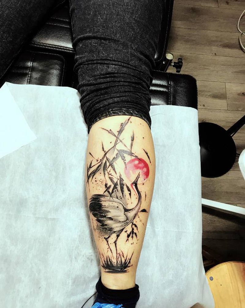 闲云野鹤纹身图片_腿部水墨纹身图案