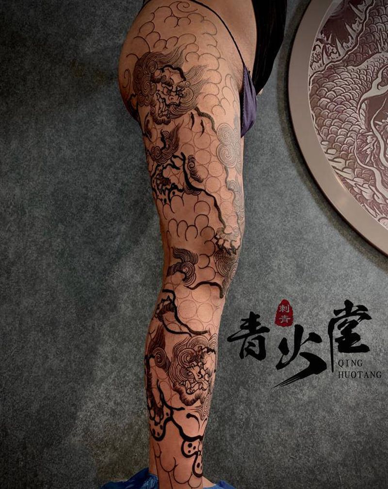 日式花腿·唐狮纹身图片_腿部老传统纹身图案